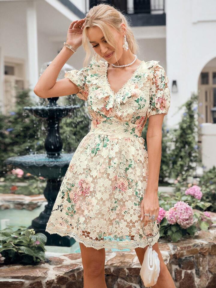 CM-DS932036 Women Casual Seoul Style V-Neck Puff Short Sleeve Floral Printed Lace Dress