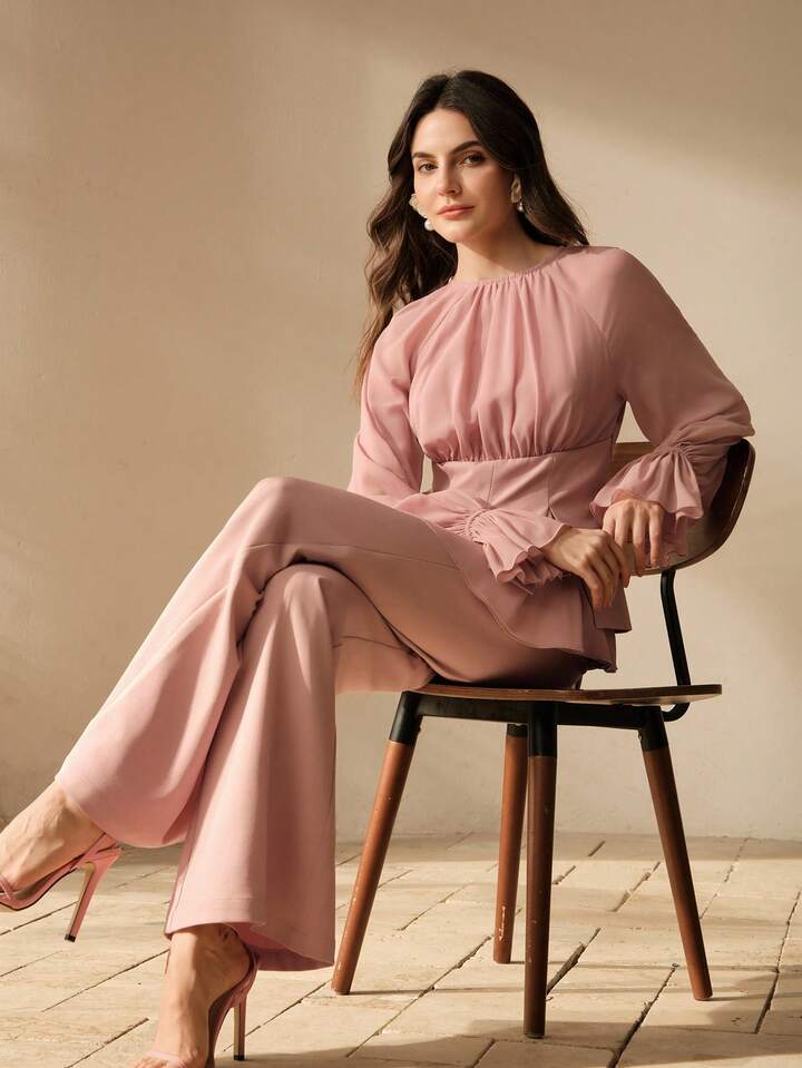 CM-SS484485 Women Elegant Seoul Style Round Neck Long Sleeve Chiffon Patchwork Blouse With Flared Leg Pants - Set