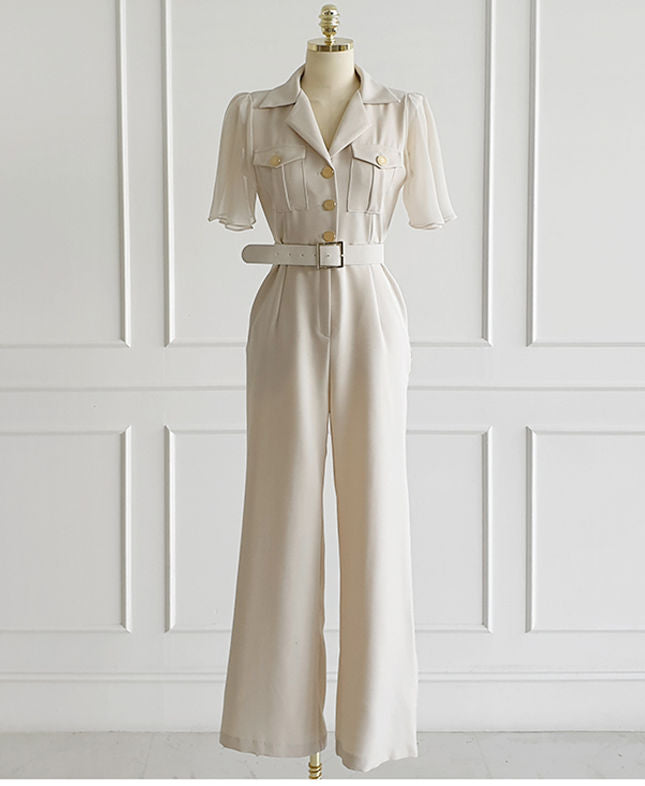 CM-JF061809 Women Elegant Seoul Style Belt High Waist Tailored Collar Long Jumpsuit