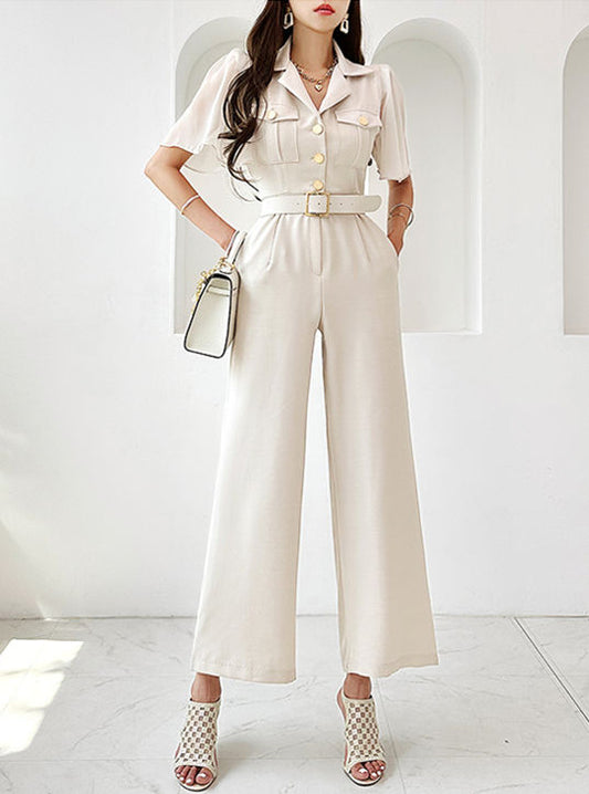 CM-JF061809 Women Elegant Seoul Style Belt High Waist Tailored Collar Long Jumpsuit