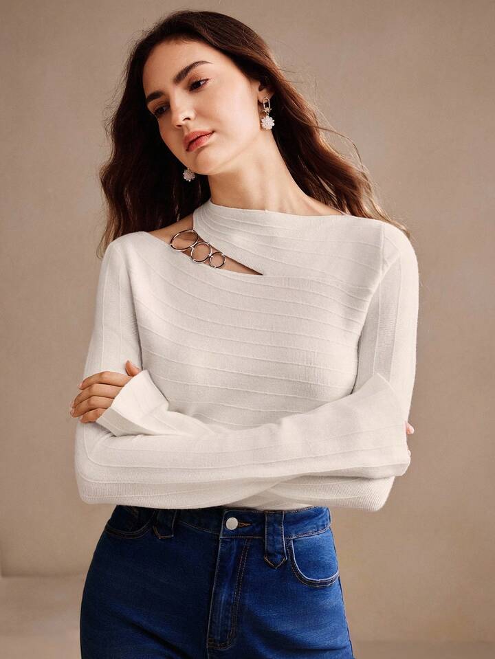 CM-CS093991 Women Elegant Seoul Style Hollow Asymmetric Neck Long Sleeve Knit Sweater - White