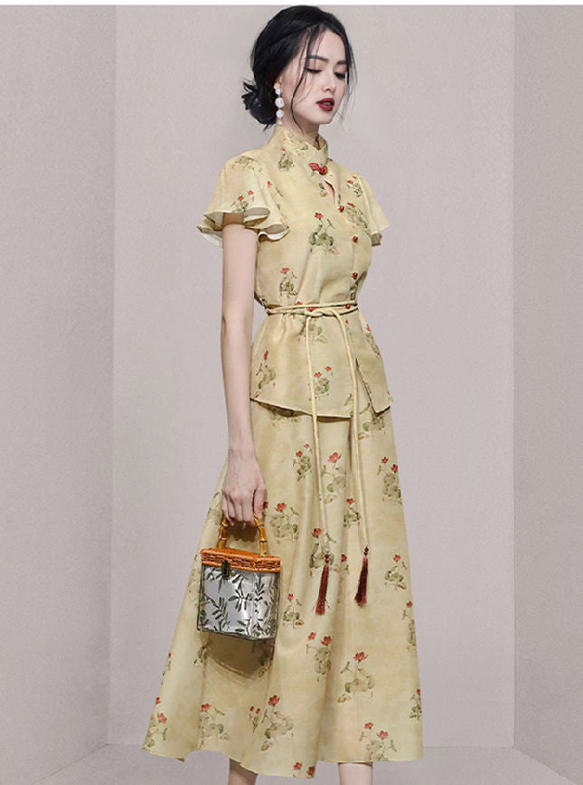 CM-SF062007 Women Vintage European Style Tie Waist High Waist Floral Dress Set