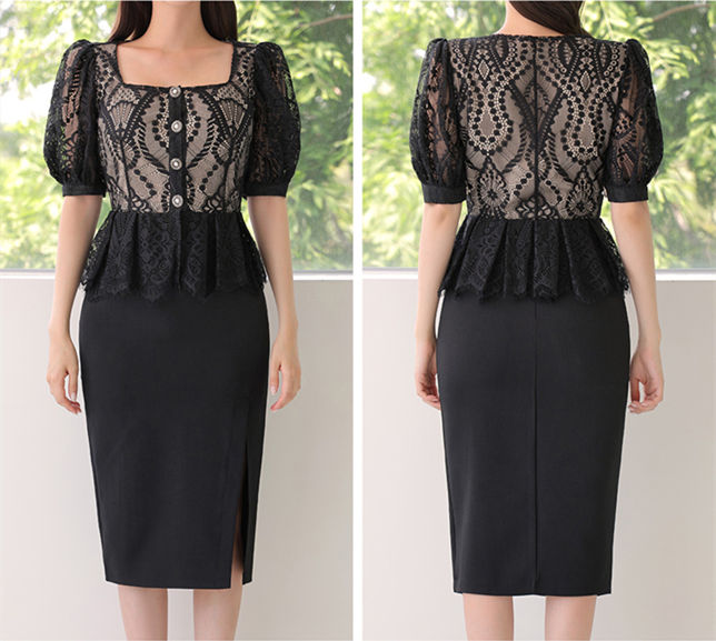 CM-SF062009 Women Elegant Seoul Style Lace Flouncing Blouse With Split Midi Skirt - Set