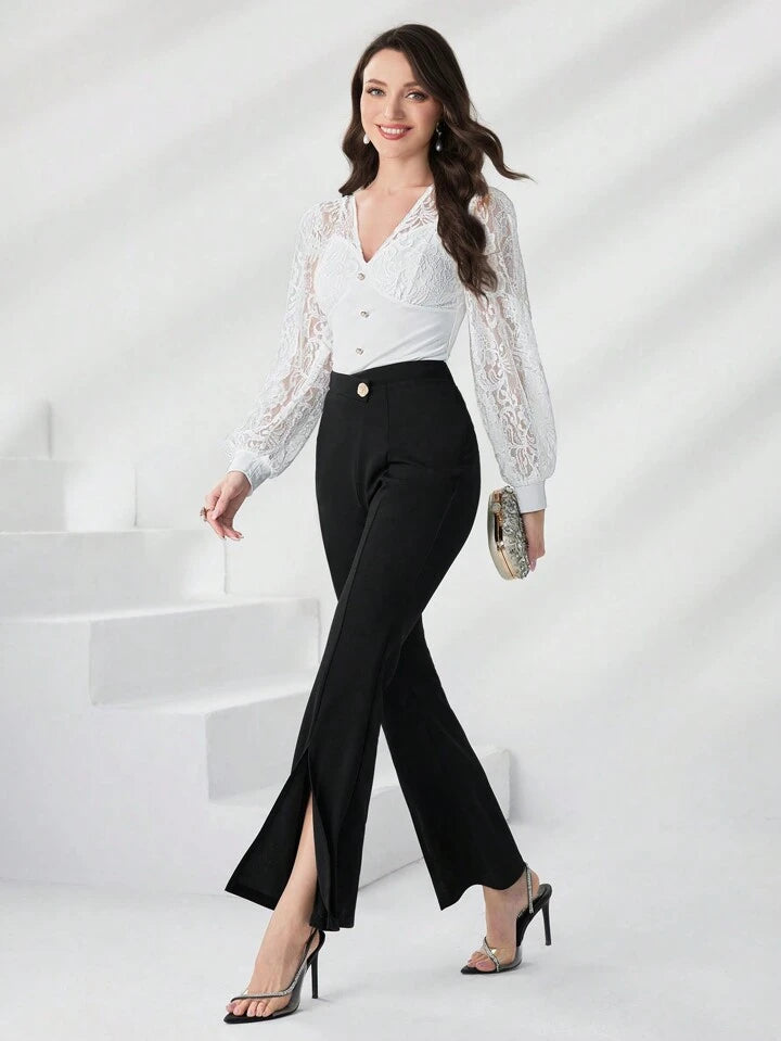 CM-BS761237 Women Casual Seoul Style High Waist Split Hem Flare Leg Pants - Black