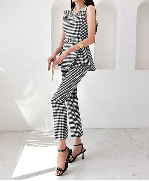 CM-SF062401 Women Elegant Seoul Style Flouncing Waist Plaids Slim Tank Long Suits