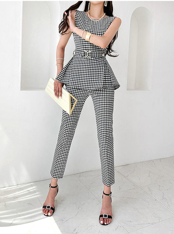 CM-SF062401 Women Elegant Seoul Style Flouncing Waist Plaids Slim Tank Long Suits