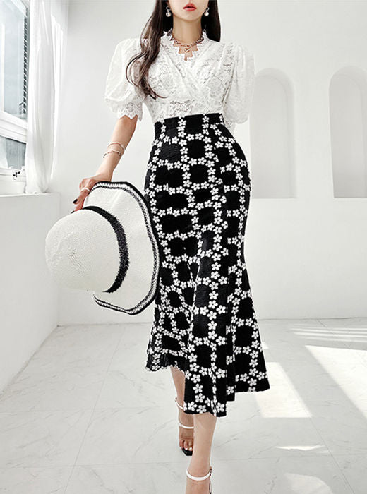 CM-SF062704 Women Elegant Seoul Style Puff Sleeve Lace Blouse With Fishtail Long Skirt - Set