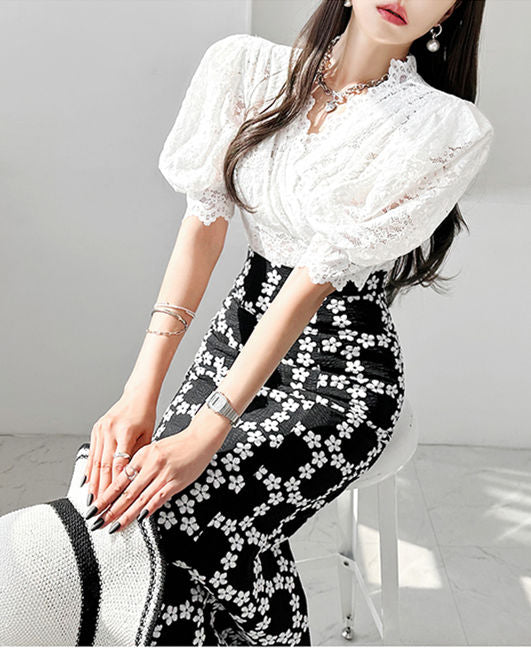 CM-SF062704 Women Elegant Seoul Style Puff Sleeve Lace Blouse With Fishtail Long Skirt - Set