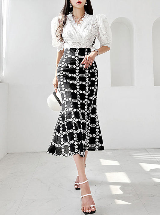 CM-SF062704 Women Elegant Seoul Style Puff Sleeve Lace Blouse With Fishtail Long Skirt - Set