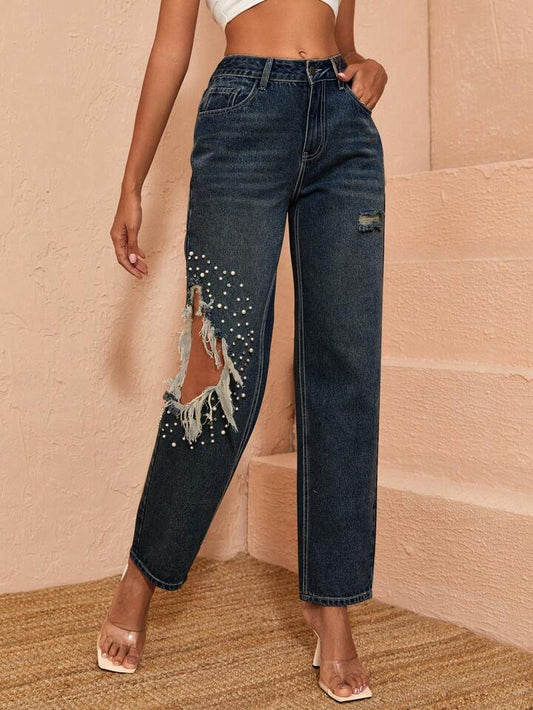 CM-BS556808 Women Casual Seoul Style Ripped Raw Rhinestone Pearl Beaded Slant Straight Leg Jeans