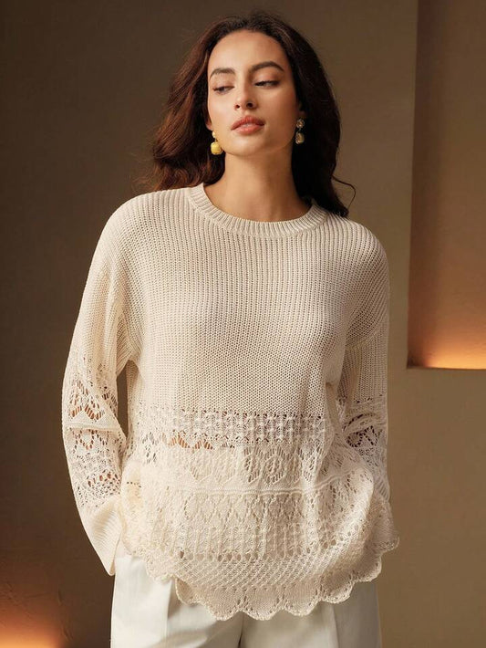 CM-CS169159 Women Elegant Seoul Style Solid Color Hollow Out Pattern Long Sleeve Knit Pullover Sweater - Beige