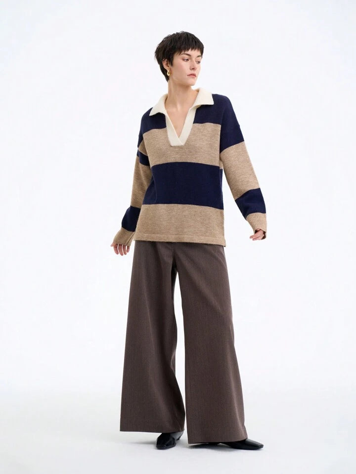 CM-CS242967 Women Casual Seoul Style Collar Neckline Drop Shoulder Long Sleeve Sweater - Royal Blue