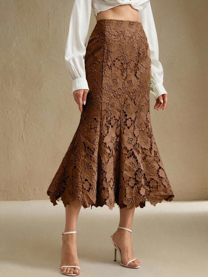 CM-BS325808 Women Elegant Seoul Style Mid Waist Patchwork Design Lace Hollow-Out Midi Skirt - Coffee Brown
