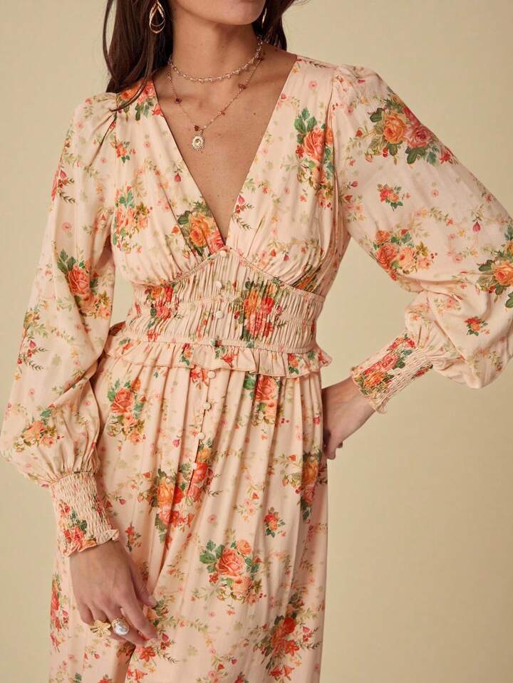 CM-DS402014 Women Elegant Seoul Style Floral Print V-Neck Long Sleeve High Waist Maxi Dress - Orange