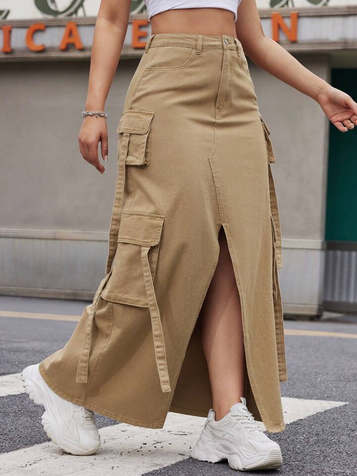 CM-BS203122 Women Casual Seoul Style Front Button Pocket Slit Denim A-Line Skirt - Brown