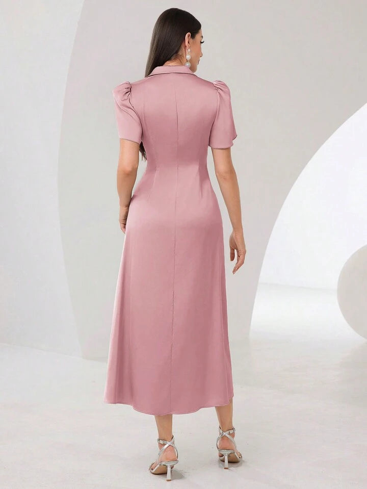 CM-DS447973 Women Elegant Seoul Style Lapel Collar Long Puff Sleeve Ruched A-Line Dress - Pink