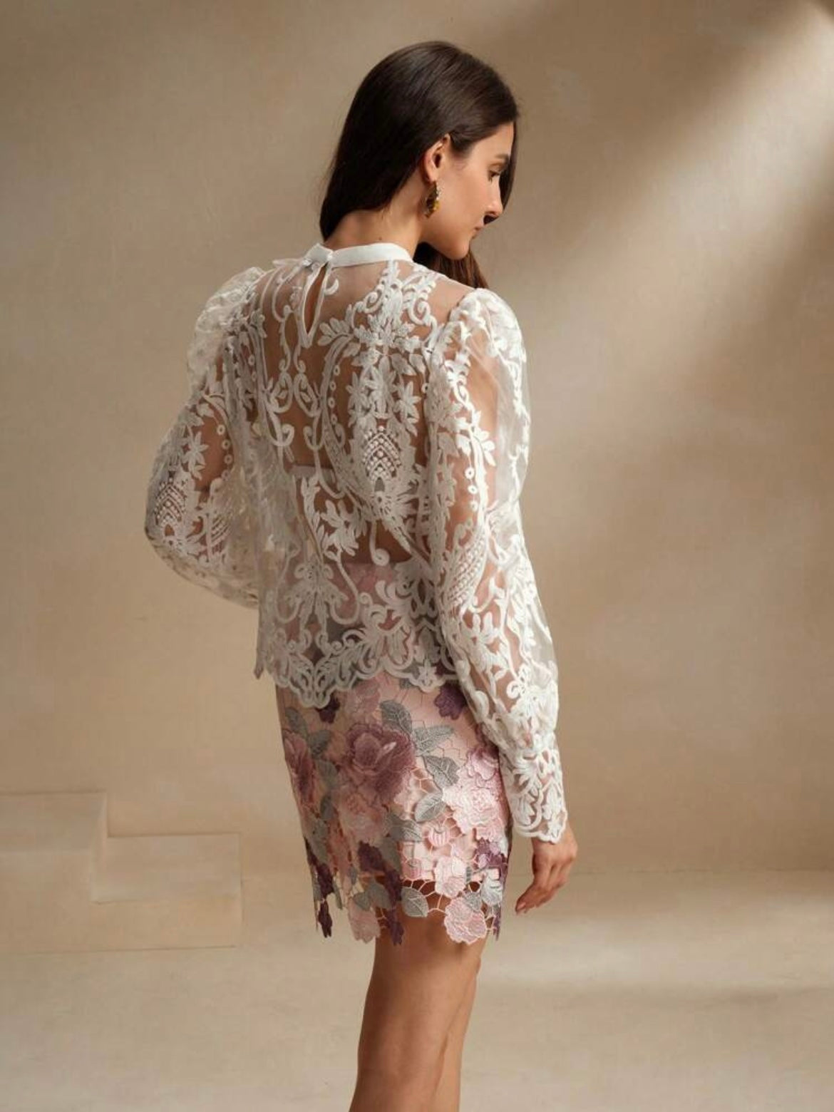 CM-TS660520 Women Elegant Seoul Style Stand Collar Lace Puff Sleeve See-Through Embroidered Blouse