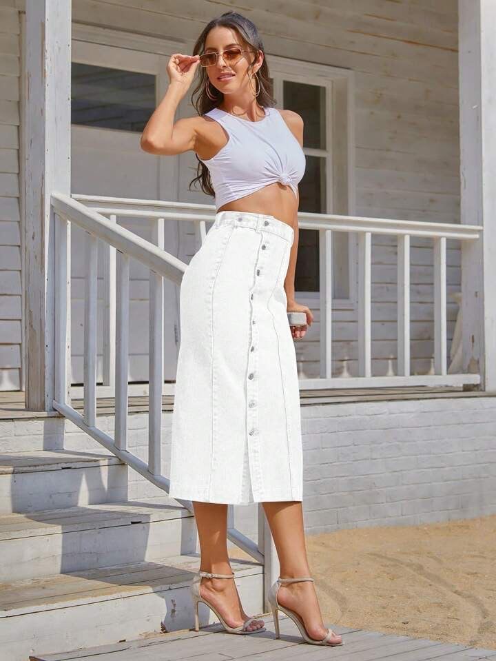 CM-BS068194 Women Casual Seoul Style Solid Button Front Denim Skirt - White