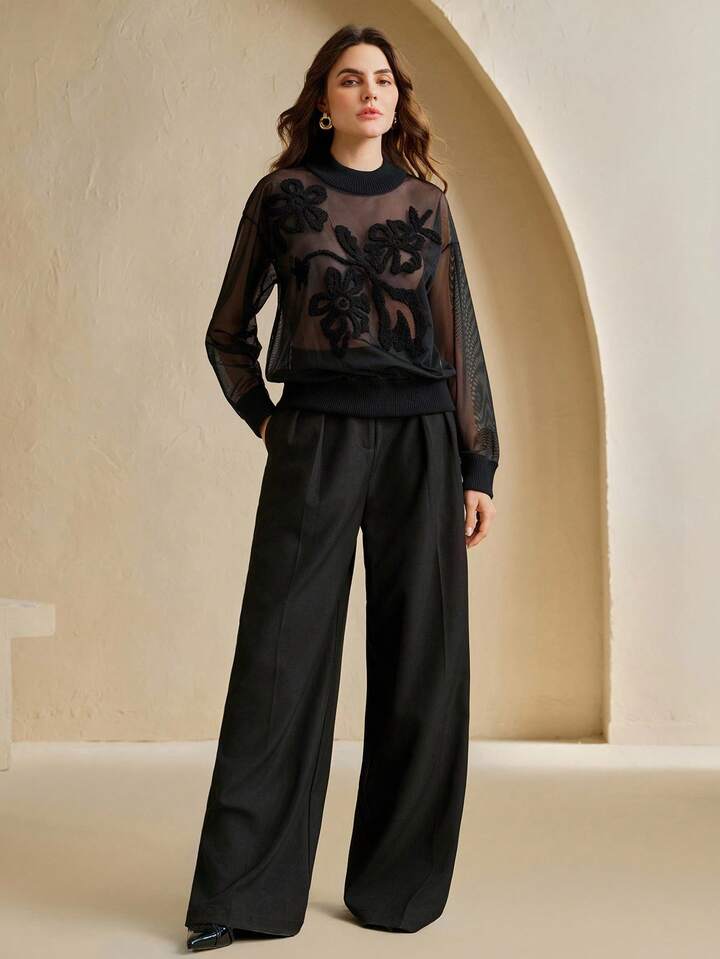 CM-CS687728 Women Elegant Seoul Style Loose Semi-Sheer Embroidered Pattern Sweater - Black