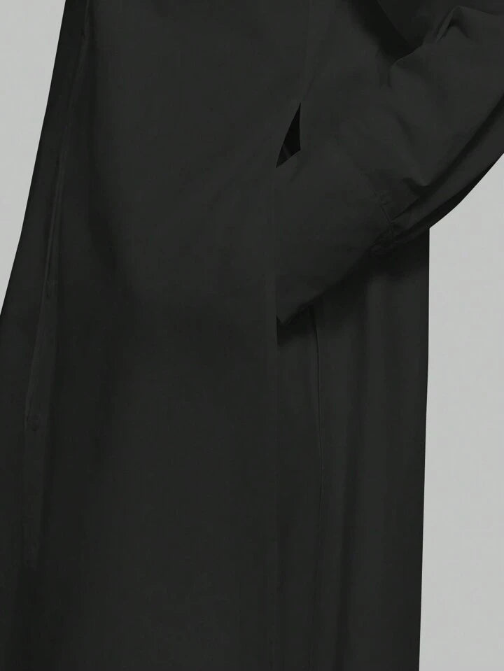 CM-TS855315 Women Casual Seoul Style Shirt Collar Long Sleeve Front Button High Slit Long Shirt - Black