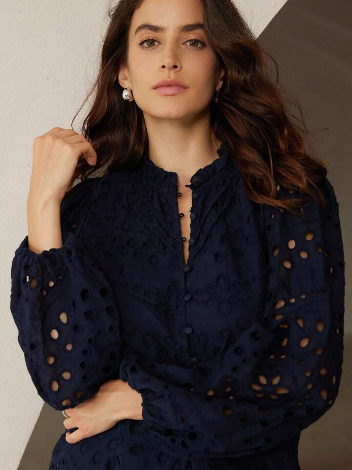 CM-TS724164 Women Trendy Bohemian Style Embroidered Hollow-Out Pleated Front Long Sleeve Blouse - Navy Blue