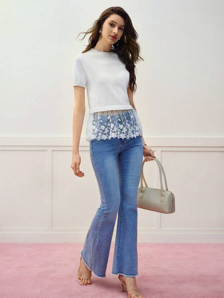 CM-TS194965 Women Elegant Seoul Style Round Neck Short Sleeve Lace Trim Knitted Sweater Top - White