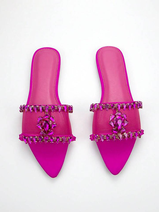 CM-SHS612871 Women Trendy Seoul Style Mesh 3D Floral Rhinestone Chain Flat Sandals - Hot Pink