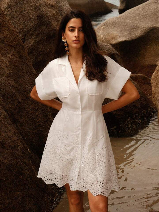 CM-DS931293 Women Trendy Bohemian Style Collar Neckline Embroidered Short-Sleeved Dress - White