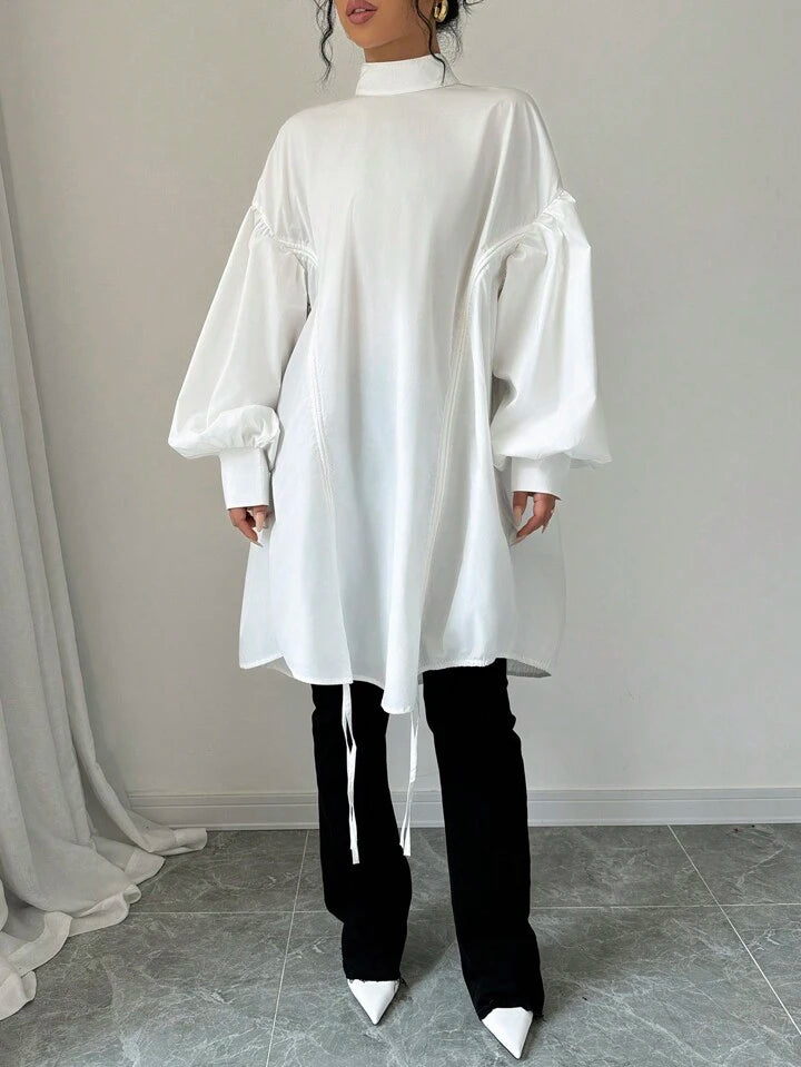 CM-TS110618 Women Casual Seoul Style Solid Color Stand Collar Long Sleeve Loose Pleated Shirt - White