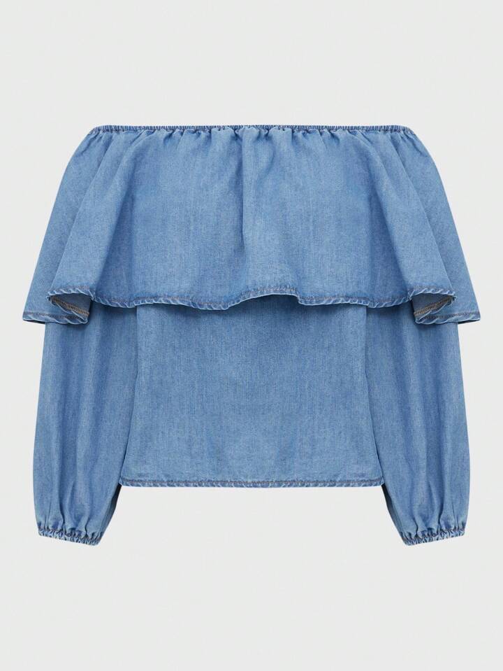 CM-TS834727 Women Trendy Bohemian Style Medium Wash Off Shoulder Lantern Sleeve Denim Blouse