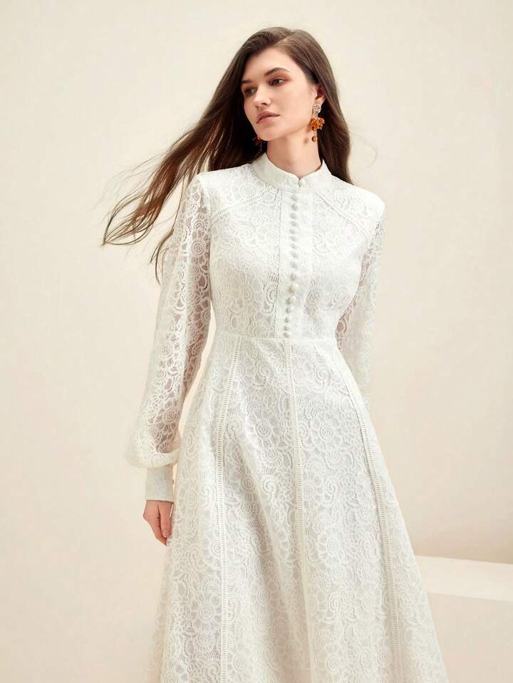 CM-DS287289 Women Elegant Seoul Style Lace Mandarin Collar Long Sleeve A-Line Dress - White