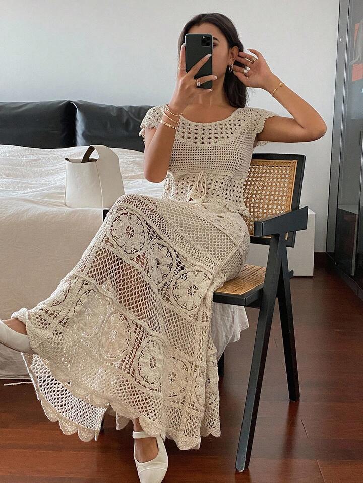 CM-SS154522 Women Trendy Bohemian Style Round Neck Puff Sleeve Knit Blouse With Long Skirt - Set