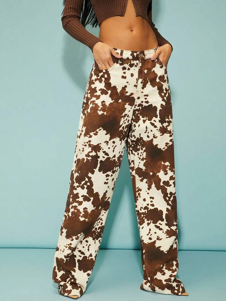 CM-BS722103 Women Casual Seoul Style High Waist Front Button Pocket Printed Straight Leg Denim Pants