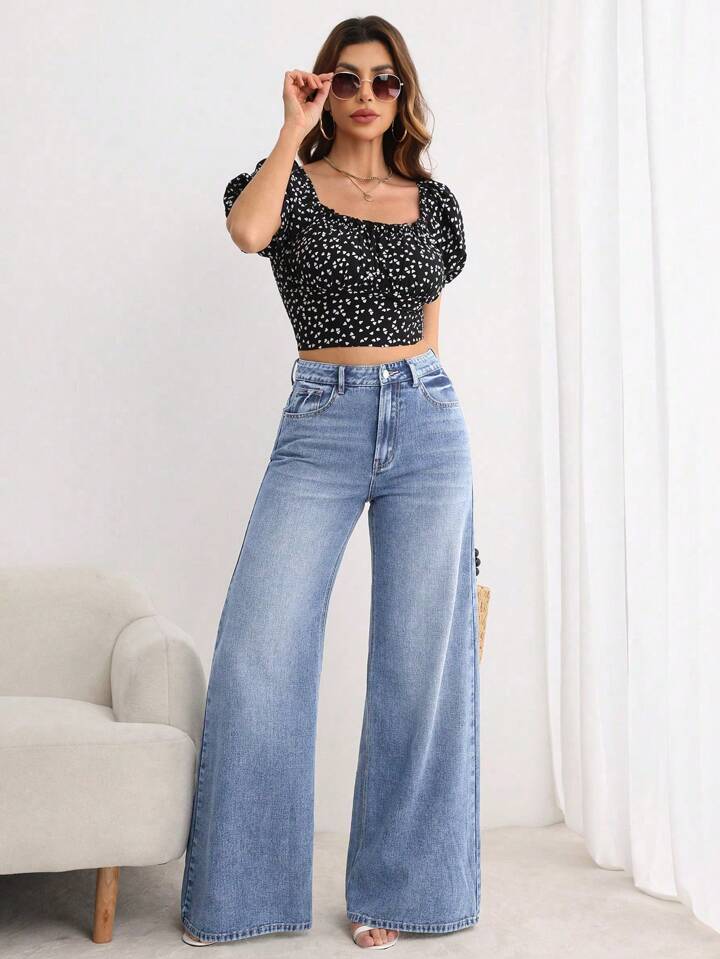 CM-BS522368 Women Elegant Seoul Style Light Wash Button Front Pocket Loose Wide Leg Jeans
