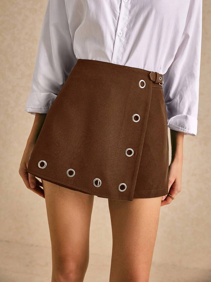 CM-BS032292 Women Casual Seoul Style High Waist Metal Ring Zipper Straight Skort - Brown