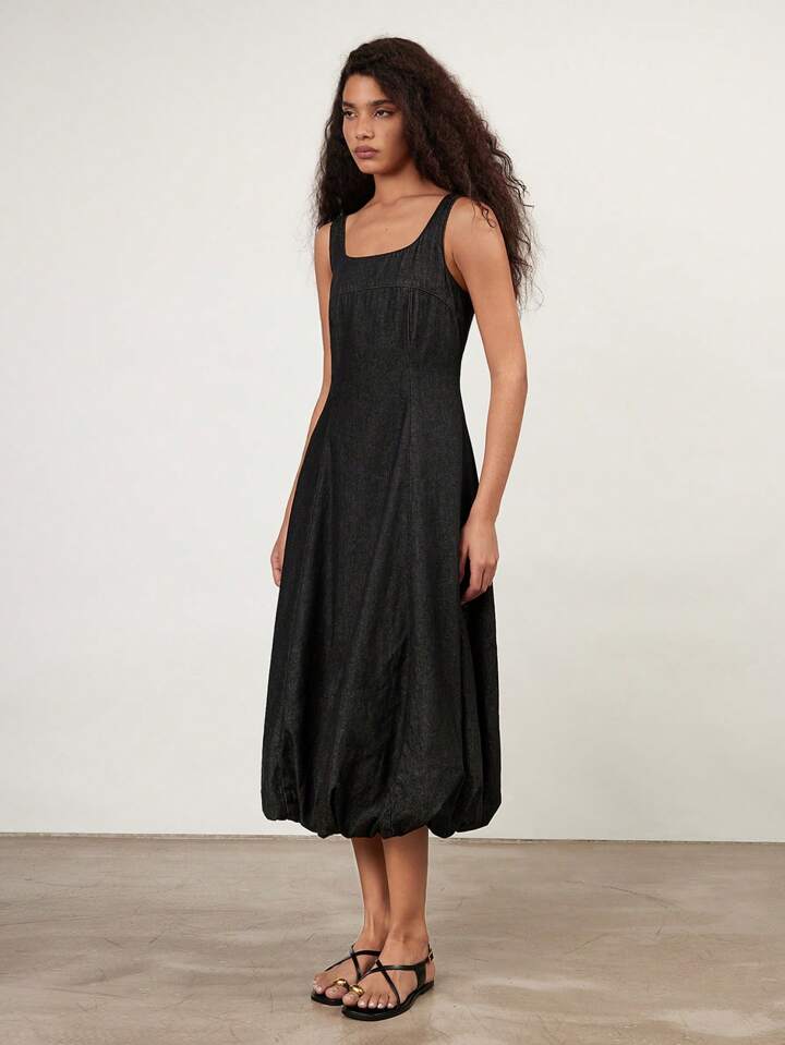 CM-DS652975 Women Casual Seoul Style Square Neck Sleeveless Petal Denim Dress - Black