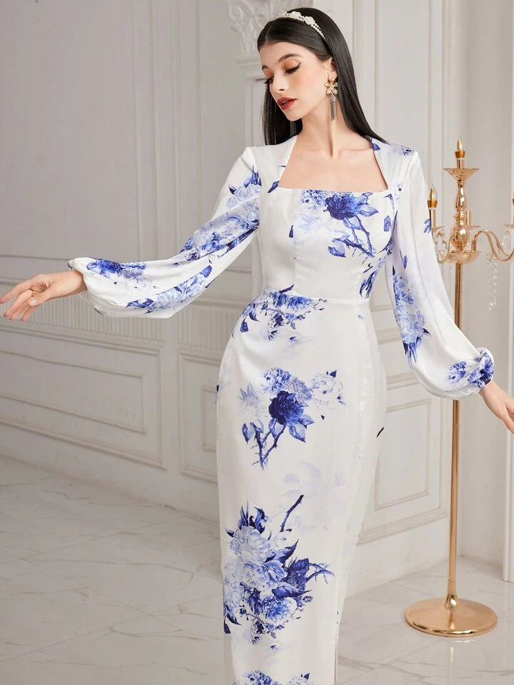 CM-DS919193 Women Elegant Seoul Style Square Neck Floral Print Lantern Sleeve Dress