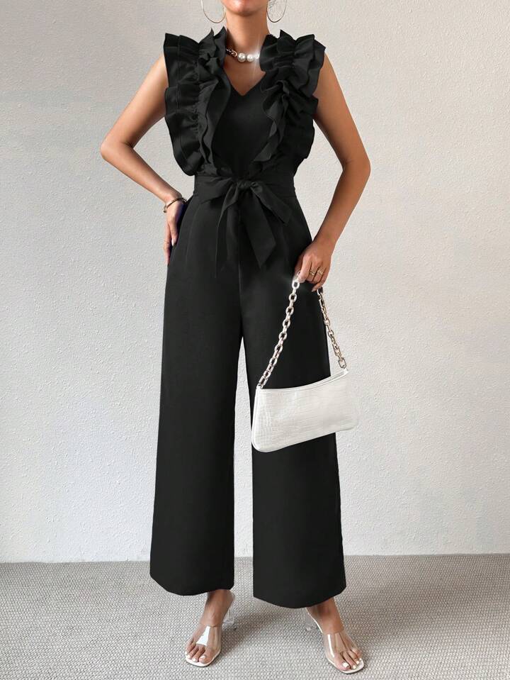 CM-JS141433 Women Elegant Seoul Style V-Neck Loose-Fitting Ruffle Trim Jumpsuit - Black