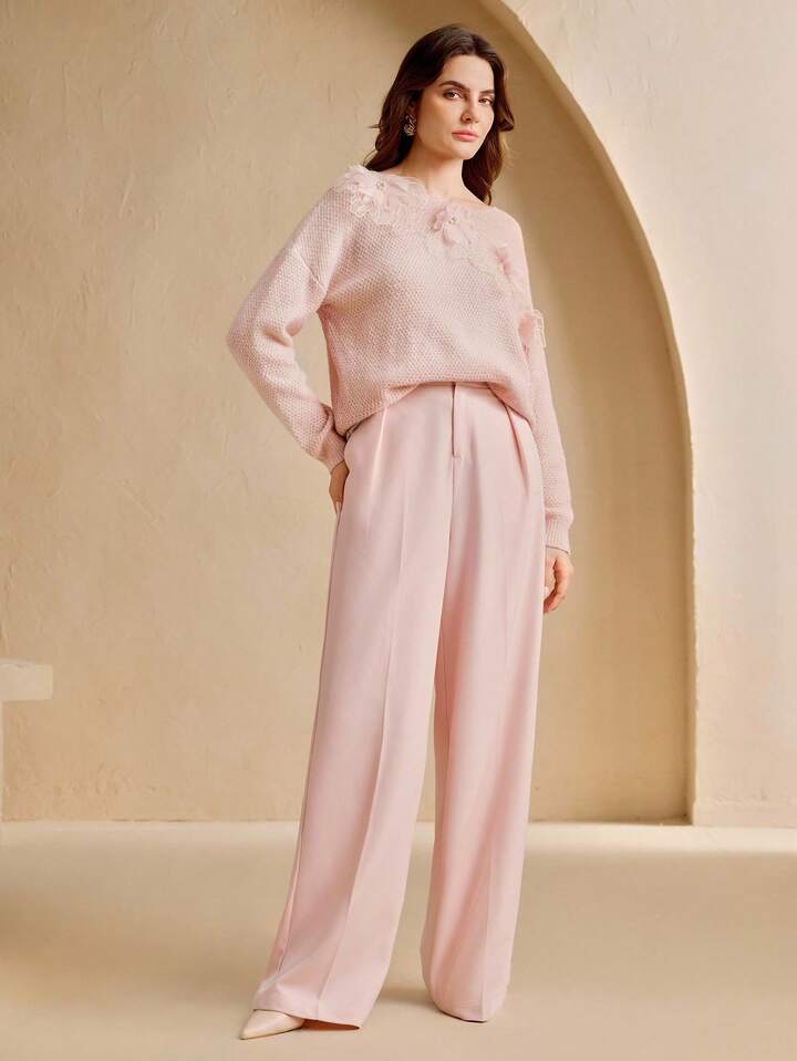 CM-CS688184 Women Elegant Seoul Style Round Neck Hollow-Out 3D Floral Long Sleeve Oversized Sweater - Pink