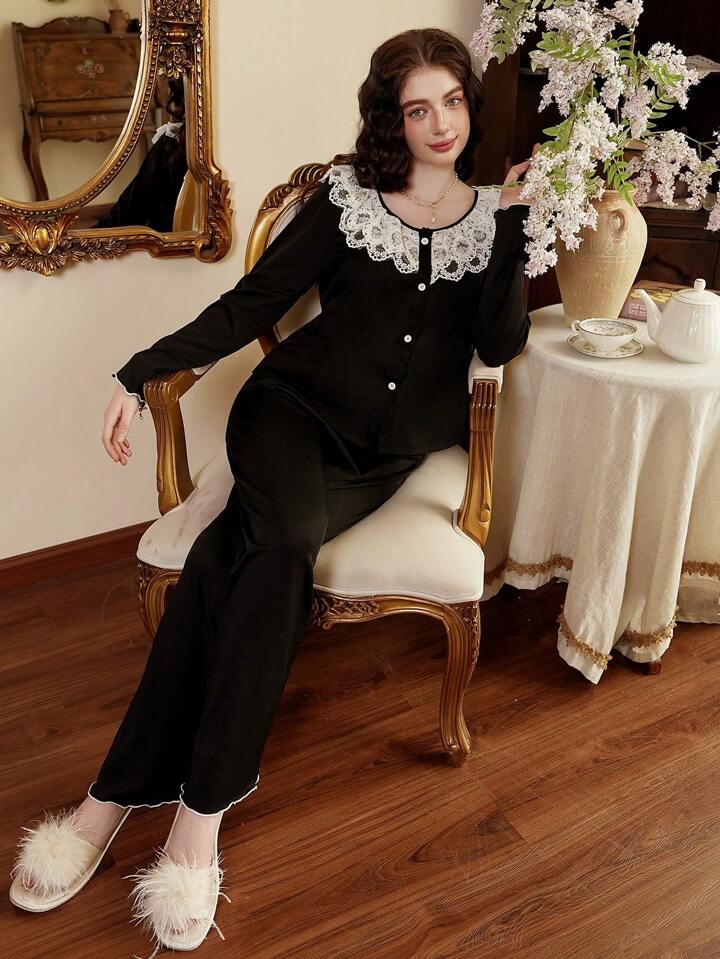 CM-LS596087 Women Trendy Seoul Style Lace Contrast Color Long Sleeve Top With Pants Sleepwear Set