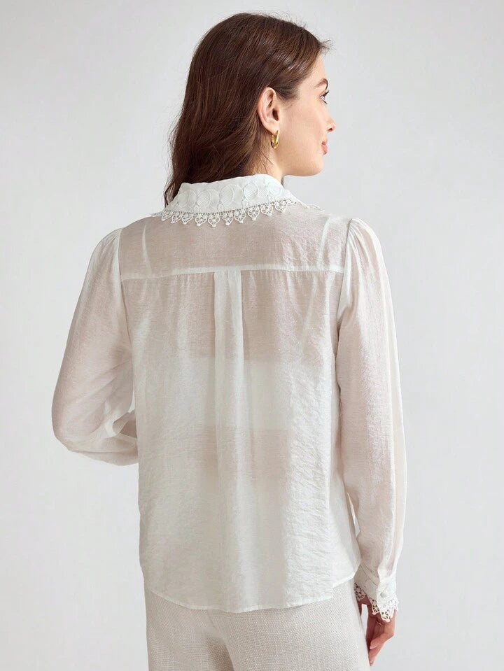 CM-TS697741 Women Elegant Seoul Style Collar Neckline Guipure Lace Trim Button Front Shirt - White