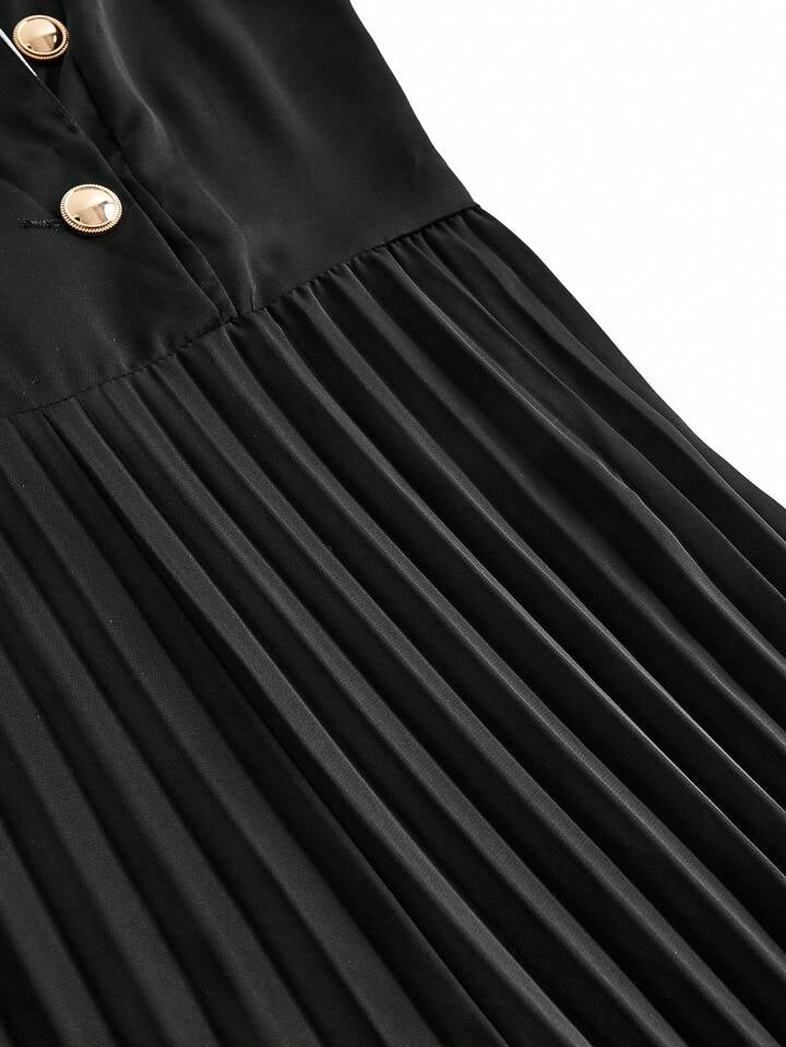 CM-JS023123 Women Elegant Seoul Style Lapel Neckline Sleeveless High Waist Pleated Jumpsuit - Black