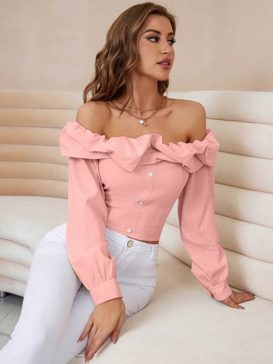 CM-TS633977 Women Elegant Seoul Style Off the Shoulder Long-Sleeved Shirt - Pink
