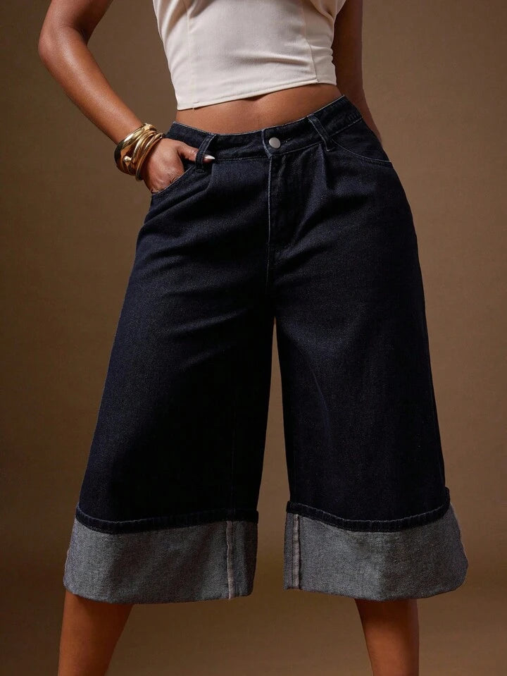 CM-BS553135 Women Casual Seoul Style Cuffed Hem Zipper Fly Wide Leg Denim Shorts - Navy Blue