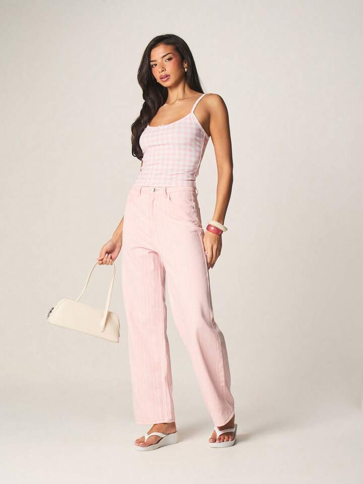 CM-BS845552 Women Casual Seoul Style Mid Rise Striped Pattern Wide Leg Denim Jeans - Pink