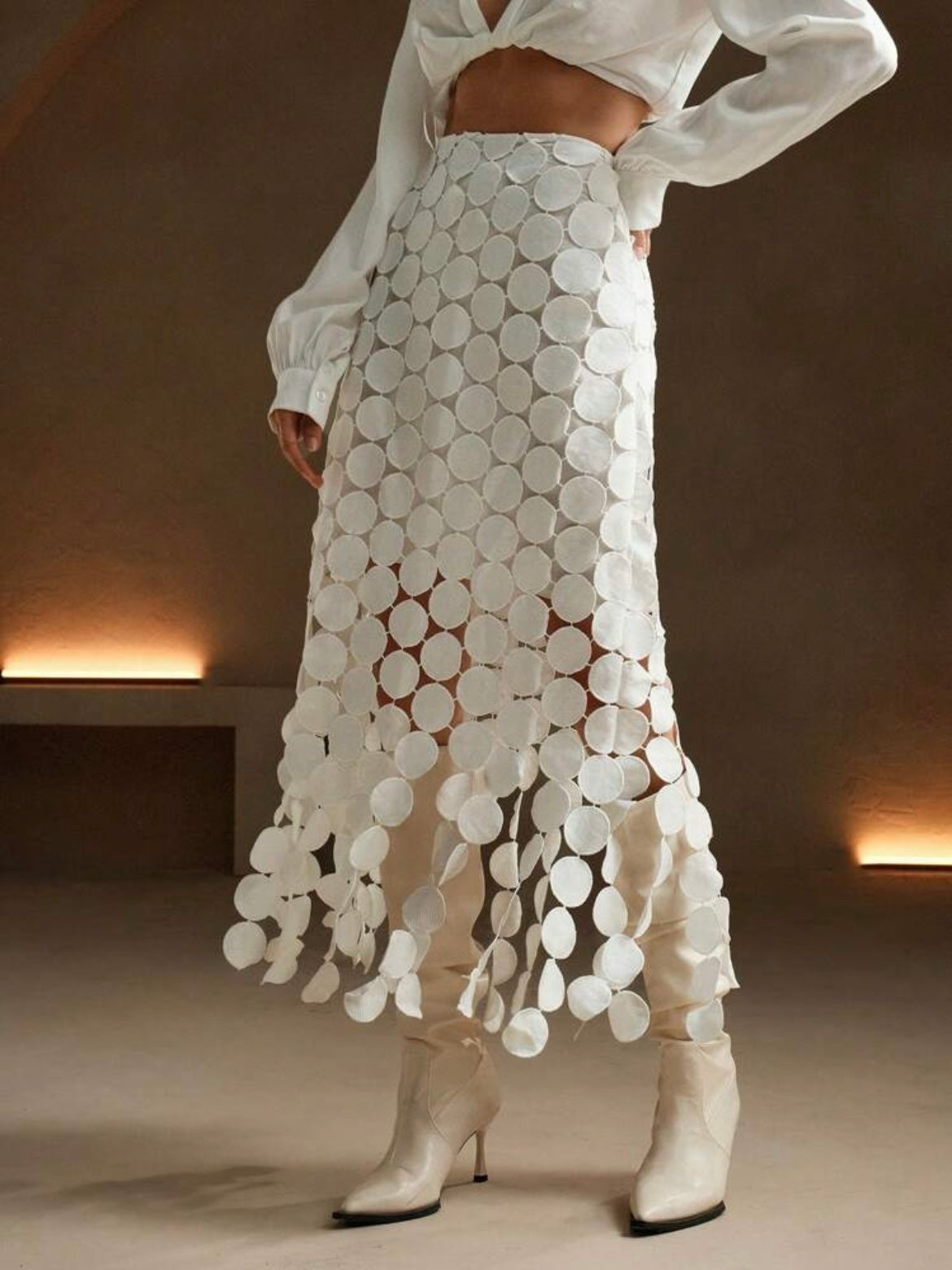 CM-BS296869 Women Trendy Bohemian Style Laser Cut Multi Circle Double Layered Maxi Skirt - White