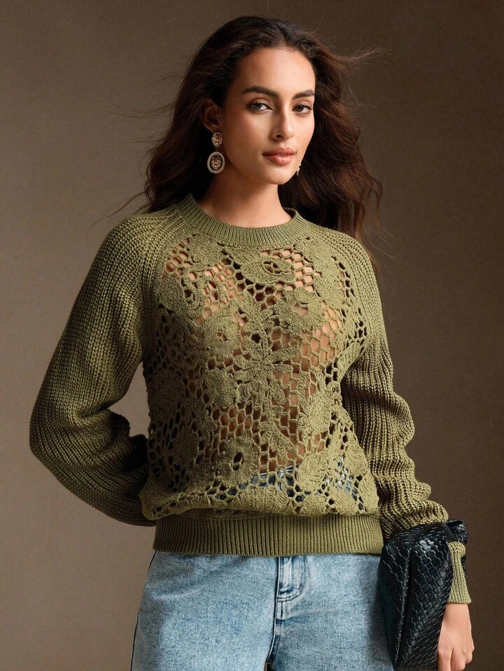 CM-CS500275 Women Elegant Seoul Style Crochet Openwork And Patchwork Design Loose Knit Sweater - Green