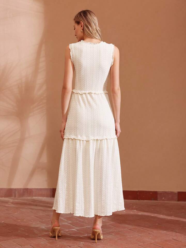 CM-DS951843 Women Elegant Seoul Style Round Neck Sleeveless Frill Trim Dress - White