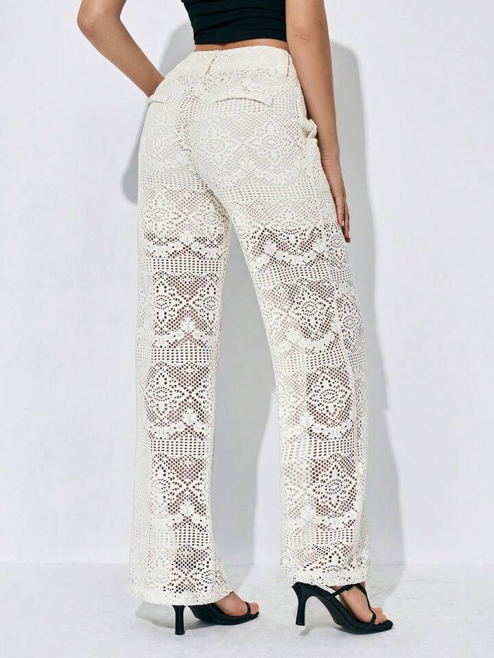 CM-BS818585 Women Trendy Bohemian Style Solid Color Lace Straight Wide Leg Pants - Beige