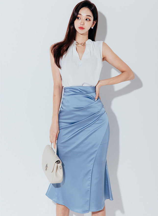 CM-SF070802 Women Elegant Seoul Style Chain V-neck Tank Tops With Fishtail Long Skirt - Set